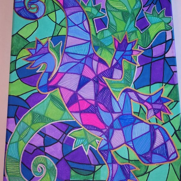 Abstract Style Painting Of Two Purple & Green Geckos Hand Painted 14x11 Canvas
